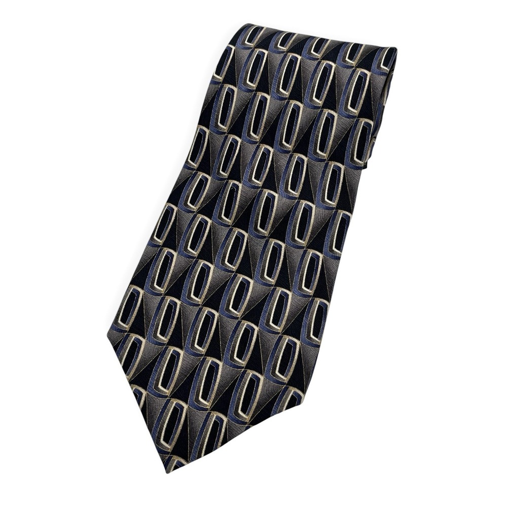 Vintage Albert Nipon Silk Neck Tie Blue‎ Gray Geometric 59.5in Abstract
